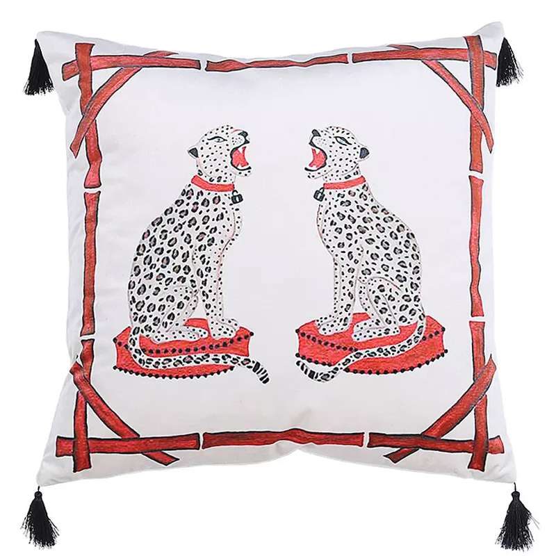 Декоративная подушка Стиль Gucci Two Cheetahs Cushion Белый Красный Черный в Новосибирске | Loft Concept 