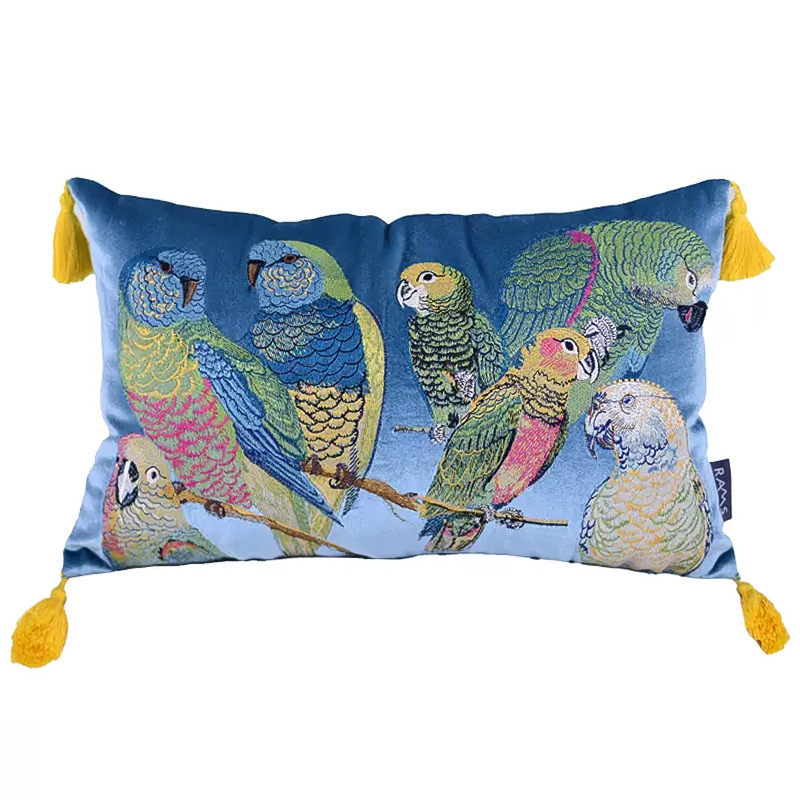 Декоративная подушка с вышивкой Embroidery Parrots Long Pillow Blue Голубой Мульти в Новосибирске | Loft Concept 