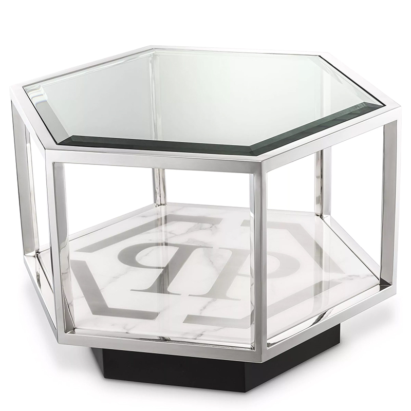 Приставной стол Philipp Plein Side Table Falcon View Chrome Хром Белый Мрамор Bianco Серый Черный Прозрачное Стекло в Новосибирске | Loft Concept 