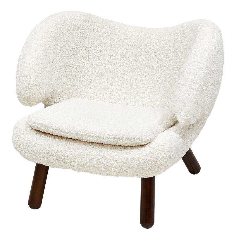 Кресло из белой ткани букле с ножками из массива ясеня Boucle Caldwell White Armchair Белый Коричневый в Новосибирске | Loft Concept 