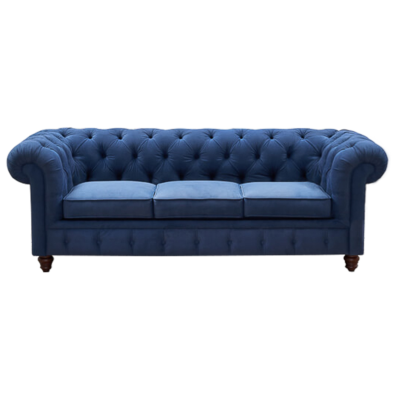 Диван Mini Kensington Sofa triple blue velor Сапфирово-синий Коричневый в Новосибирске | Loft Concept 