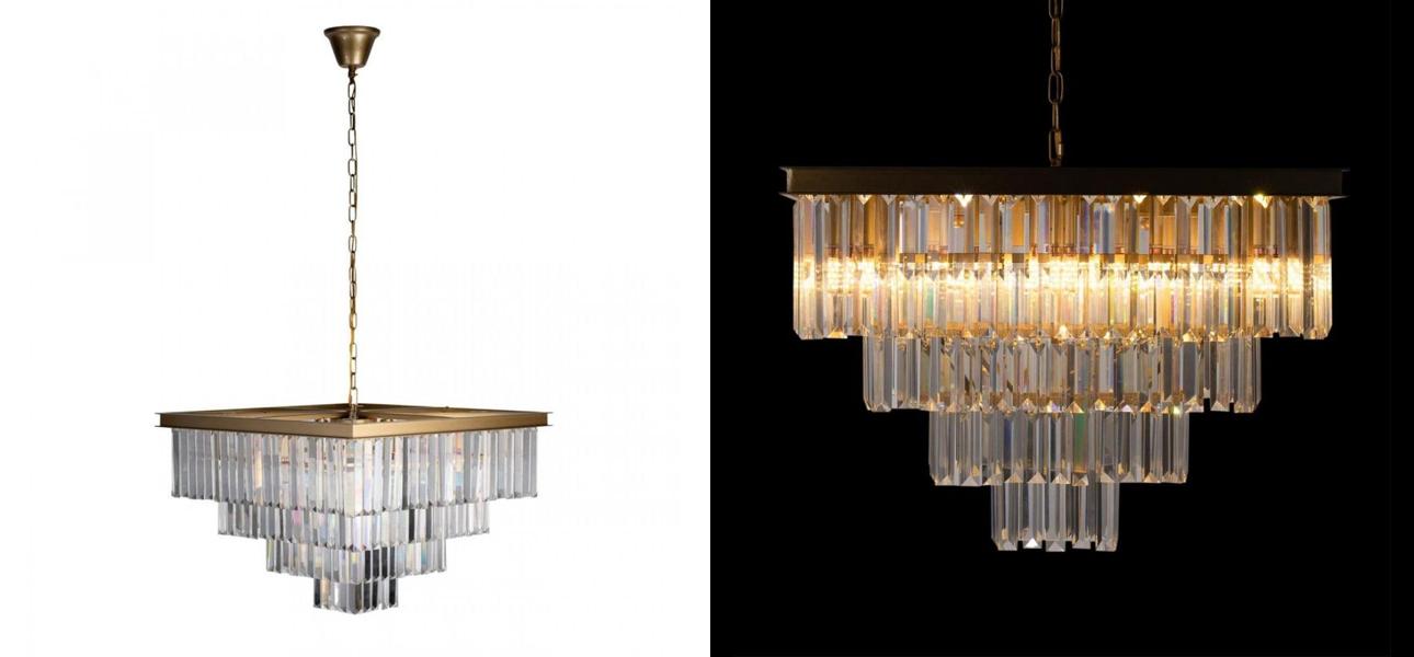 Квадратная Люстра RH 1920s Odeon GOLD iron Four layers Прозрачное Стекло 60х60 - фото