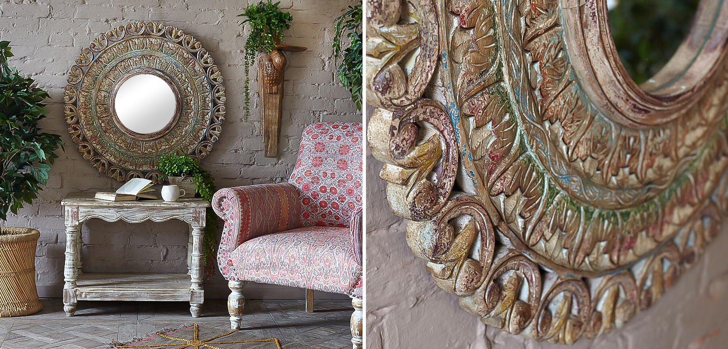 Зеркало в резной раме Manjula Grey Mango Carved Mirror - фото