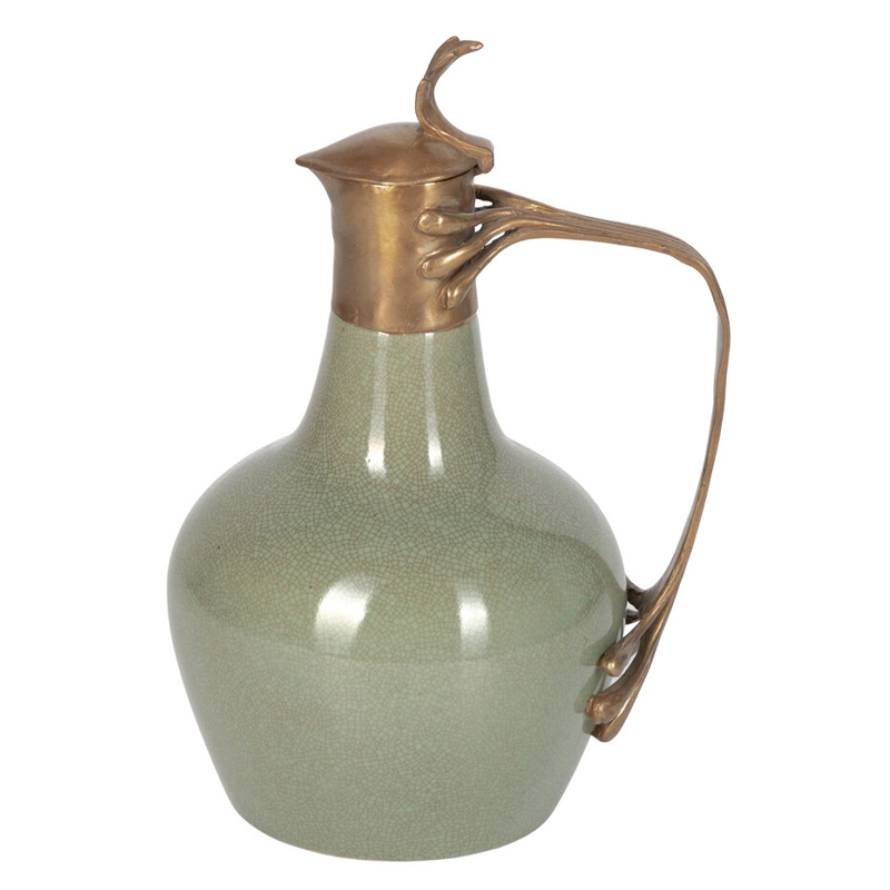 Кувшин зеленого цвета из фарфора с бронзовой крышкой и изогнутой ручкой Eden Garden porcelain and bronze Зеленый Бронза Кувшин зеленого цвета из фарфора с бронзовой крышкой и изогнутой ручкой Eden Garden porcelain and bronze Зеленый Бронза в Новосибирске | Loft Concept