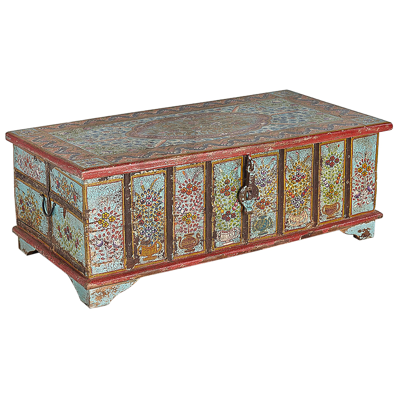 Сундук ручная роспись Pran Antique Indian Painted Chest Мульти Бирюзовый Красный в Новосибирске | Loft Concept 