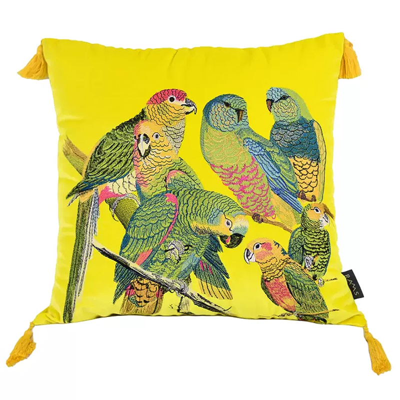 Декоративная подушка с вышивкой Embroidery Parrots Pillow Yellow Желтый Мульти в Новосибирске | Loft Concept 