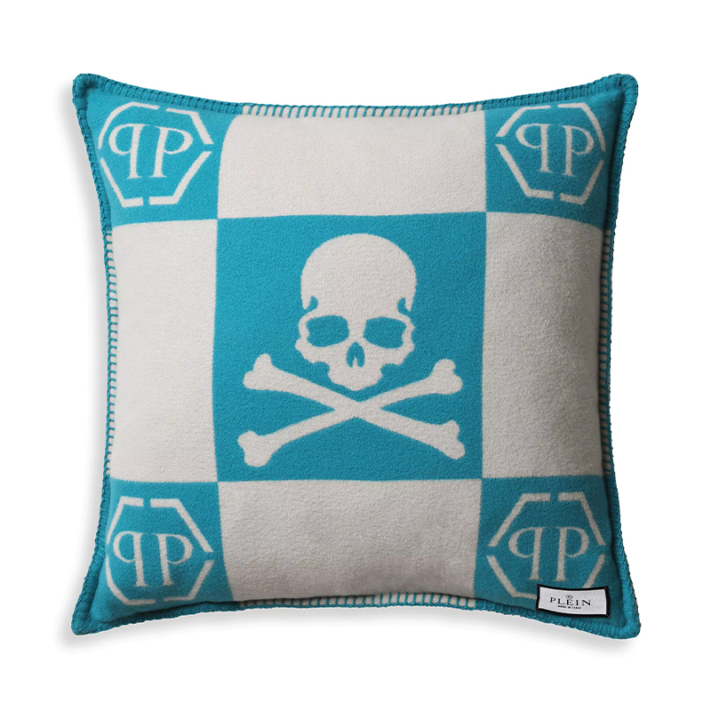 Подушка Philipp Plein Cushion Cashmere Skull 45 x 45 Голубой Белый в Новосибирске | Loft Concept 