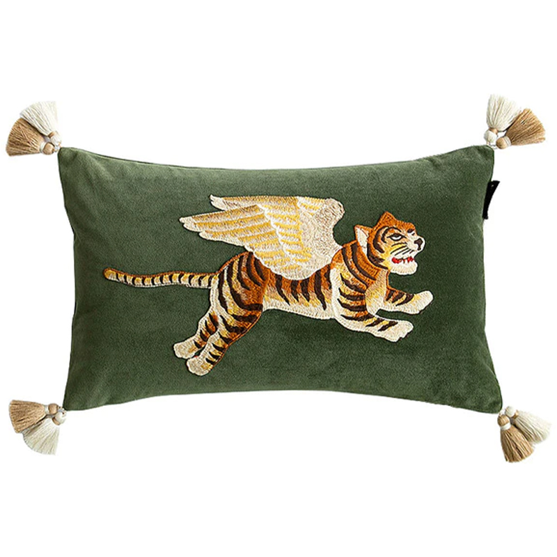 Декоративная подушка с вышивкой Стиль Gucci Winged Tiger Cushion Зеленый Оранжевый Золотой в Новосибирске | Loft Concept 