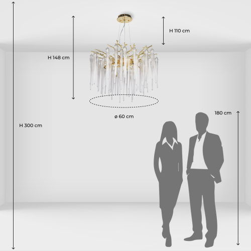 Люстра золотого цвета с декоративными ветками и длинными прозрачными стеклянными подвесами в форме сосулек Droplet Chandelier в Новосибирске