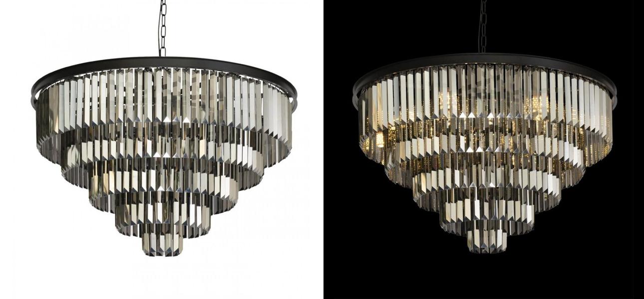 Круглая Люстра RH 1920s Odeon Black iron Five Layers Серое Стекло диаметр 80 см - фото