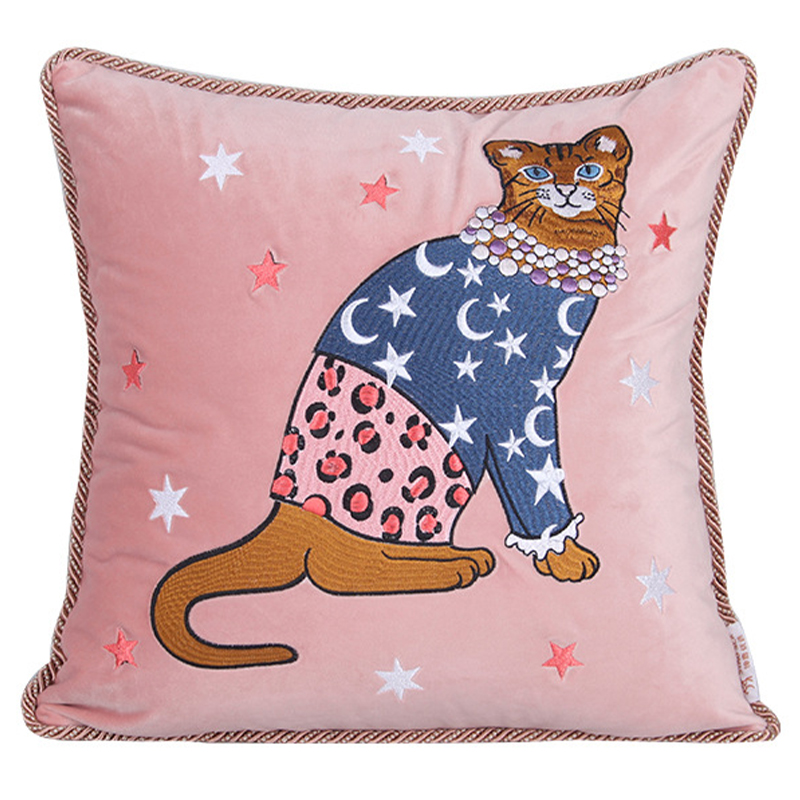 Декоративная подушка с вышивкой Magic Cat Embroidery Cushion Розовый Синий Оранжевый Мульти в Новосибирске | Loft Concept 