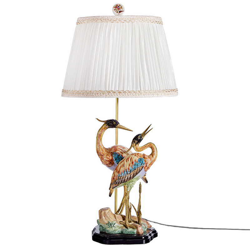 Настольная лампа с абажуром и основанием в виде двух цапель Porcelain Heron Lamp Белый Мульти Бронза в Новосибирске | Loft Concept 