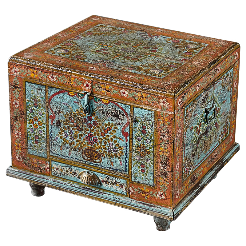 Сундук ручная роспись Harsh Antique Indian Painted Chest Мульти Бирюзовый Оранжевый в Новосибирске | Loft Concept 