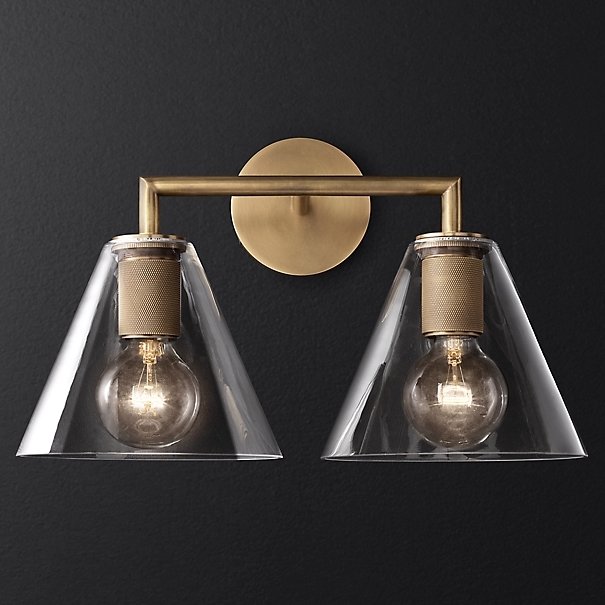 Бра RH Utilitaire Funnel Shade Double Sconce Brass Прозрачное Стекло Латунь в Новосибирске | Loft Concept 