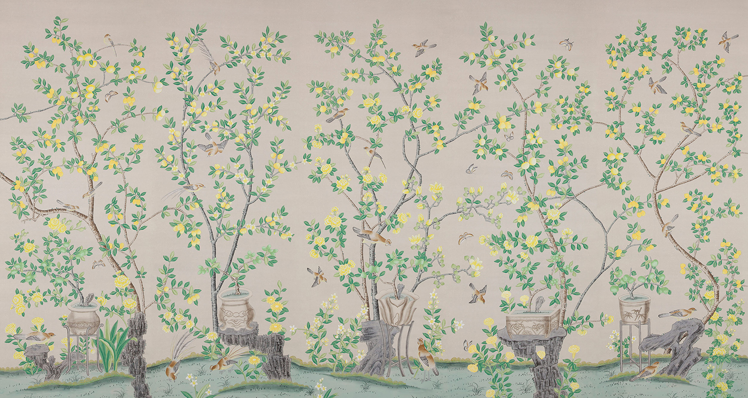 Обои ручная роспись Jardinieres & Citrus Trees Silver metallic - фото