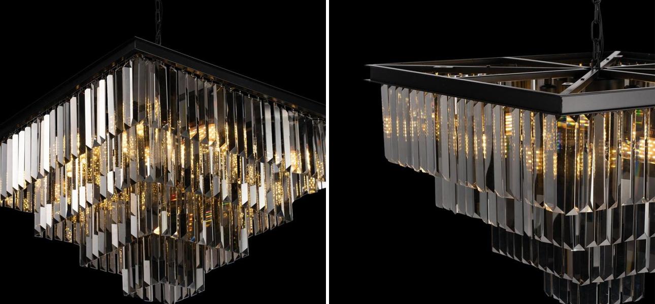 Квадратная Люстра RH 1920s Odeon Black iron Four layers Серое Стекло 60х60 - фото