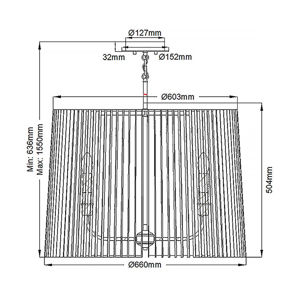 Люстра цвета латунь с 6-ю лампами свечами внутри цилиндрического абажура из черных металлических реек Kichler в Новосибирске