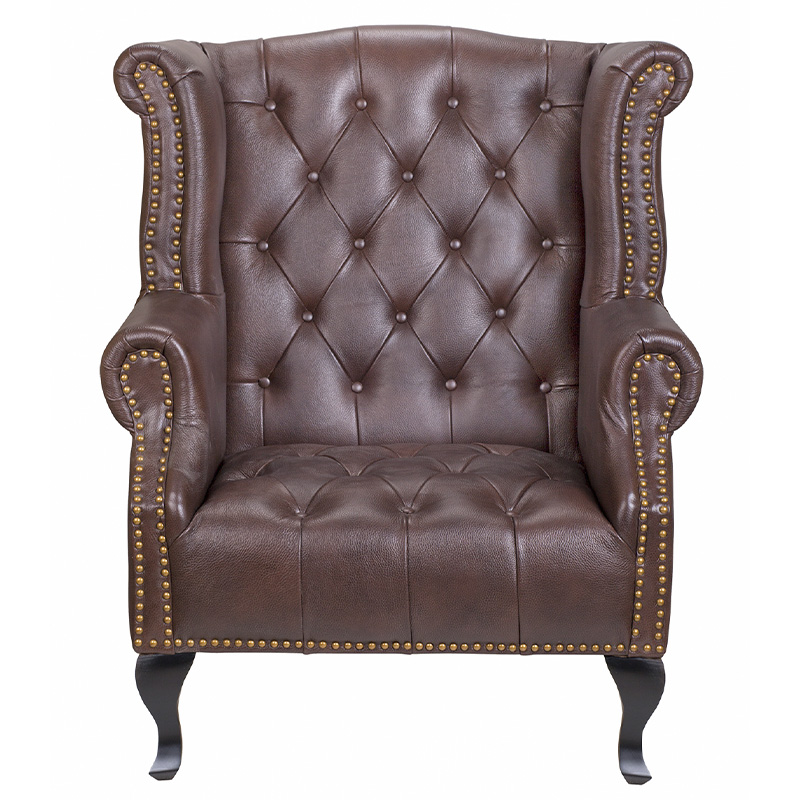 Кресло из натуральной кожи на 4-х деревянных ножках из массива бука Thomas Armchair brown Коричневый Черный в Новосибирске | Loft Concept 