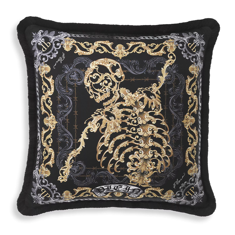 Подушка Philipp Plein Cushion Silk Skeleton 50 x 50 cm Черный Серый Золотой в Новосибирске | Loft Concept 