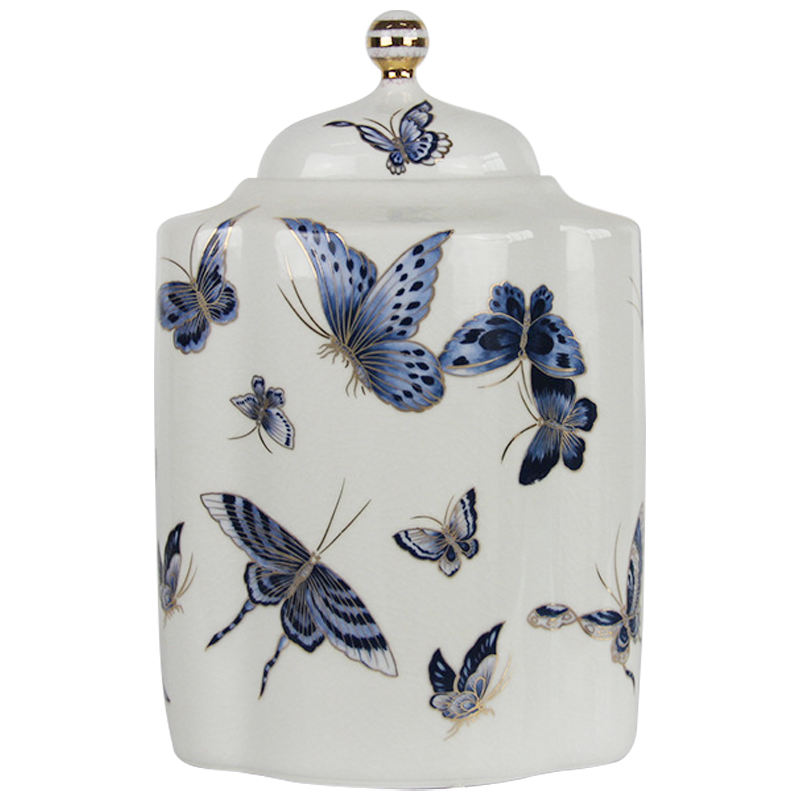 Ваза с крышкой Porcelain Butterfly Blue and Gold Vase Белый Синий Золотой в Новосибирске | Loft Concept 