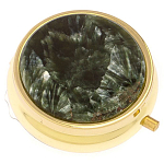 Таблетница карманная круглая с 3-мя отделениями и накладкой из натурального камня Серафинит Gold Stone Pillboxes варинант исполнения - 1 | Loft Concept в Новосибирске