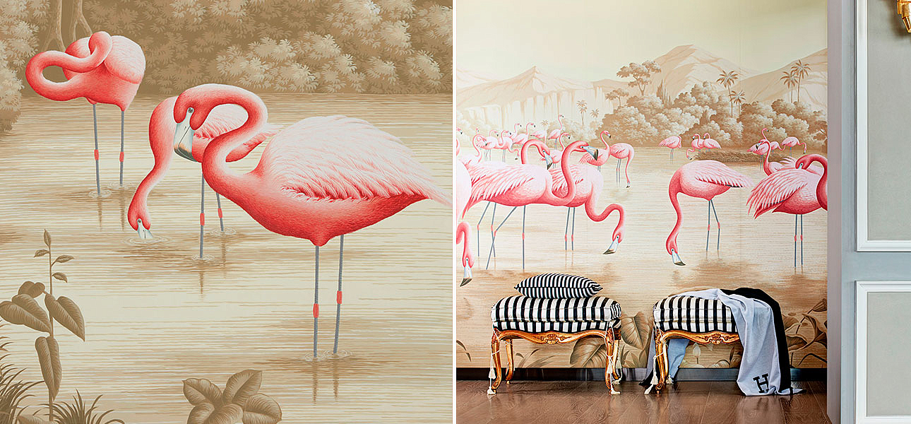 Обои ручная роспись Flamingos Flamingo on Sepia scenic paper Обои ручная роспись Flamingos Flamingo on Sepia scenic paper - Loft-Concept в Новосибирске