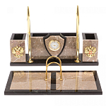 Настольный письменный набор из бежевого мрамора с часами и гербом Marble Accessory варинант исполнения - 1 | Loft Concept в Новосибирске
