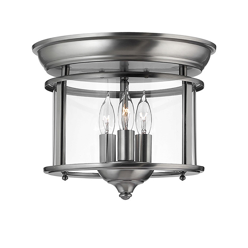 Потолочный светильник в форме фонаря с прозрачным цилиндрическим плафоном и тремя лампами в форме свечей Hinkley Латунь Прозрачное Стекло Олово в Новосибирске | Loft Concept 