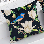 Декоративная подушка чёрная с изображением птицы в саду Blooming Blue Birds варинант исполнения - 2 | Loft Concept в Новосибирске