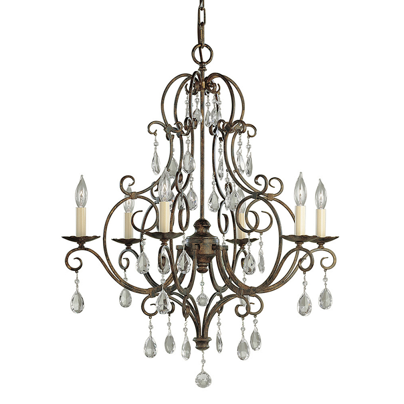 Люстра бронзового цвета с 6-ю лампами и подвесками из оптического стекла в классическом стиле Feiss Бронза Кремовый Прозрачное Стекло в Новосибирске | Loft Concept 