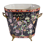 Кашпо из фарфора черная с цветочной росписью и бронзовой стрекозой Spring Garden варинант исполнения - 1 | Loft Concept в Новосибирске