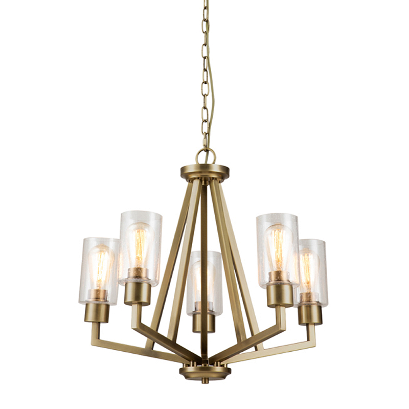 Люстра цвета латунь с 5-ю цилиндрическими плафонами из прозрачного пузырчатого стекла Kichler Латунь Прозрачное Стекло в Новосибирске | Loft Concept 
