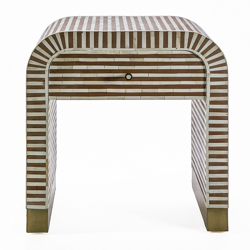 Тумбочка прикроватная с ящиком Tofino Stripes Bone Inlay Bedside Beige ivory ( слоновая кость ) Коричневый Золотой в Новосибирске | Loft Concept 