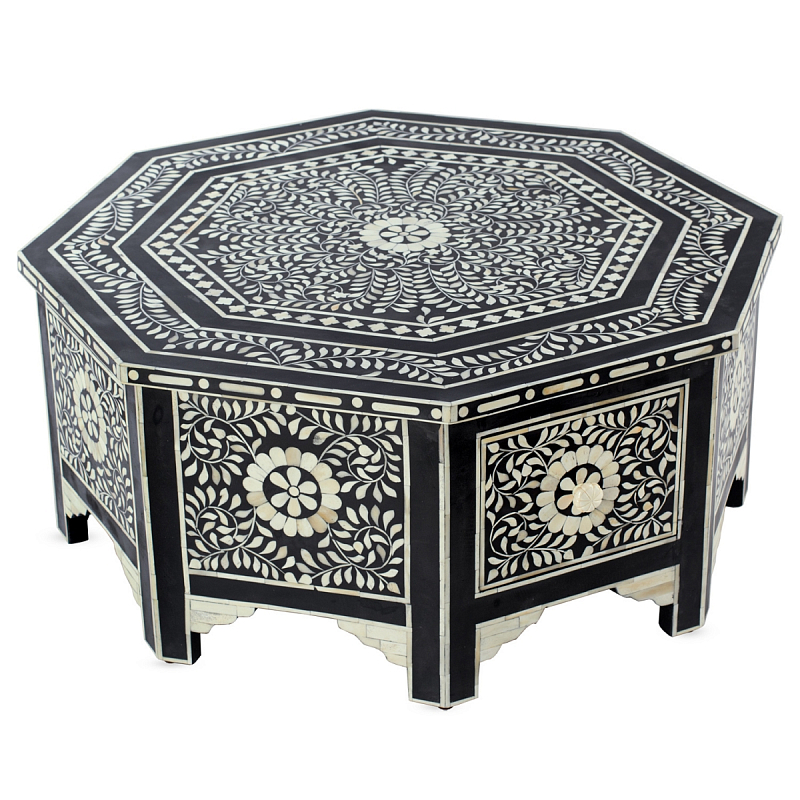 Стол черный отделка кость BONE INLAY Black Bone Inlay Octagon Coffee Table ivory ( слоновая кость ) Черный в Новосибирске | Loft Concept 