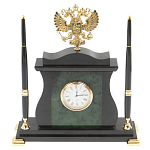 Часы настольные с Гербом России и 2-мя шариковыми ручками в комплекте Stone Clock варинант исполнения - 1 | Loft Concept в Новосибирске