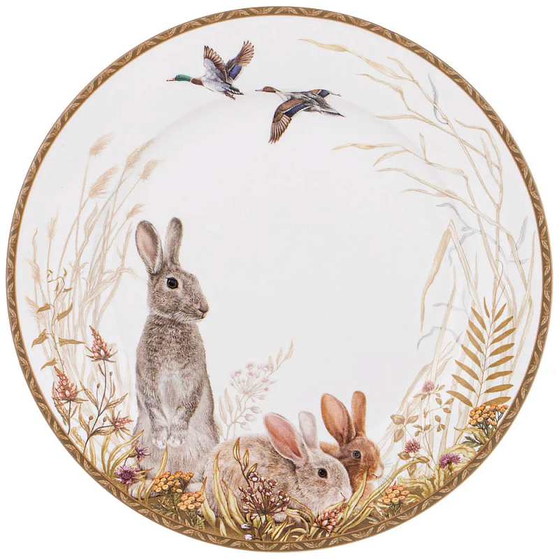 Тарелка закусочная из фарфора с изображением зайцев Hunting Porcelain Collection Белый Коричневый Мульти в Новосибирске | Loft Concept 