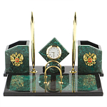 Настольный письменный набор из змеевика с часами и гербом Successful Leader варинант исполнения - 1 | Loft Concept в Новосибирске