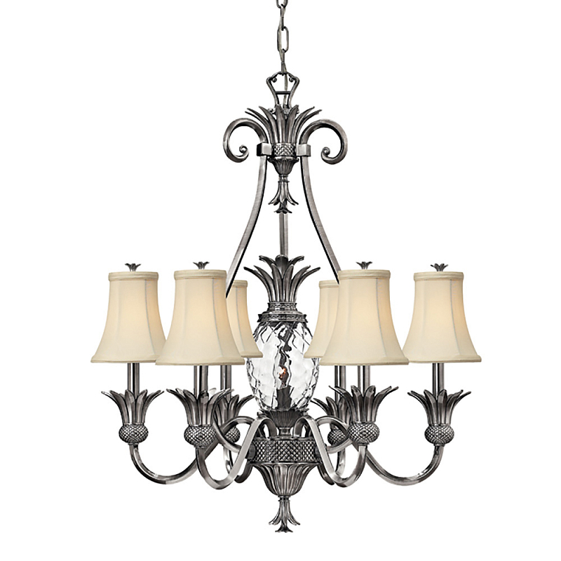Люстра с 7-ю кремовыми текстильными абажурами Hinkley Никель Белый Бежевый Прозрачное Стекло Бронза в Новосибирске | Loft Concept 