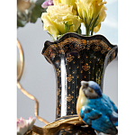 Ваза черная фарфоровая с  узором и бронзовым декором в виде веток с фарфоровой птичкой и цветами Eden Garden варинант исполнения - 4 | Loft Concept в Новосибирске