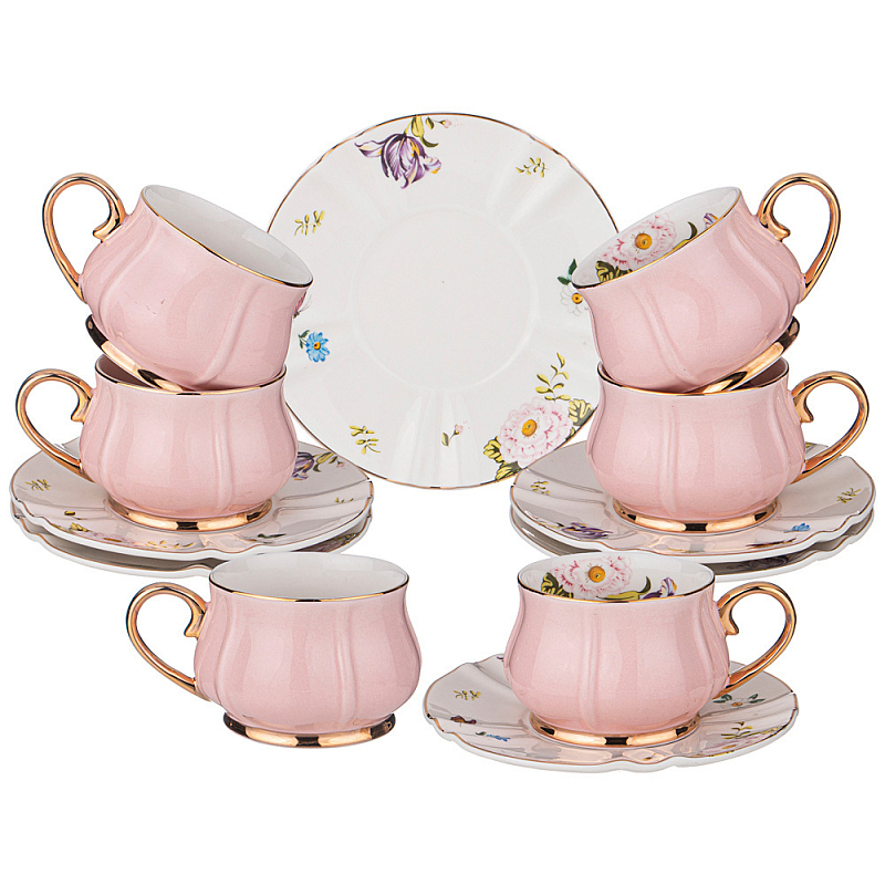 Чайный набор из фарфора на 6 персон 12 предметов Tea Porcelain Set Белый Золотой Розовый в Новосибирске | Loft Concept 