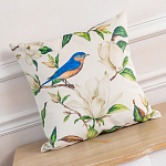 Декоративная подушка бежевая с изображением птица в саду Blooming Blue Birds варинант исполнения - 2 | Loft Concept в Новосибирске