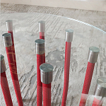 Дизайнерский журнальный стол с круглой прозрачной столешницей и основанием в виде красных металлических тросов Wires варинант исполнения - 5 | Loft Concept в Новосибирске