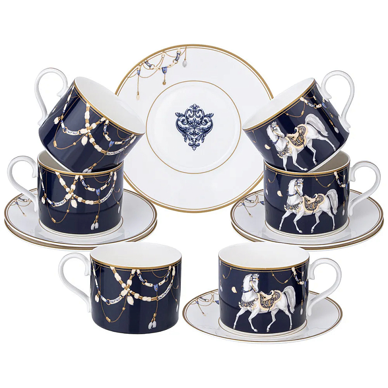 Чайный набор из фарфора с изображением лошадей на 6 персон 12 предметов Porcelain Horse Set Белый Синий в Новосибирске | Loft Concept 