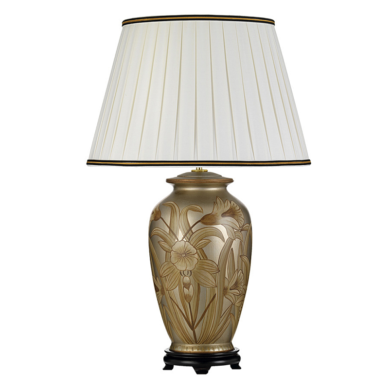 Настольная лампа восточная с основанием из керамики серебряная с цветочным и лиственным декором и белым плиссированным абажуром Elstead Lighting Серебряный Бежевый Черный Золотой в Новосибирске | Loft Concept 