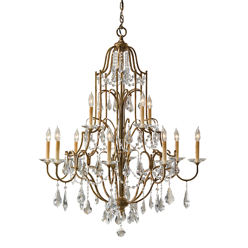 Люстра многоярусная с 12-ю лампами и стеклянными подвесками в классическом стиле Feiss Бронза Прозрачное Стекло в Новосибирске | Loft Concept 