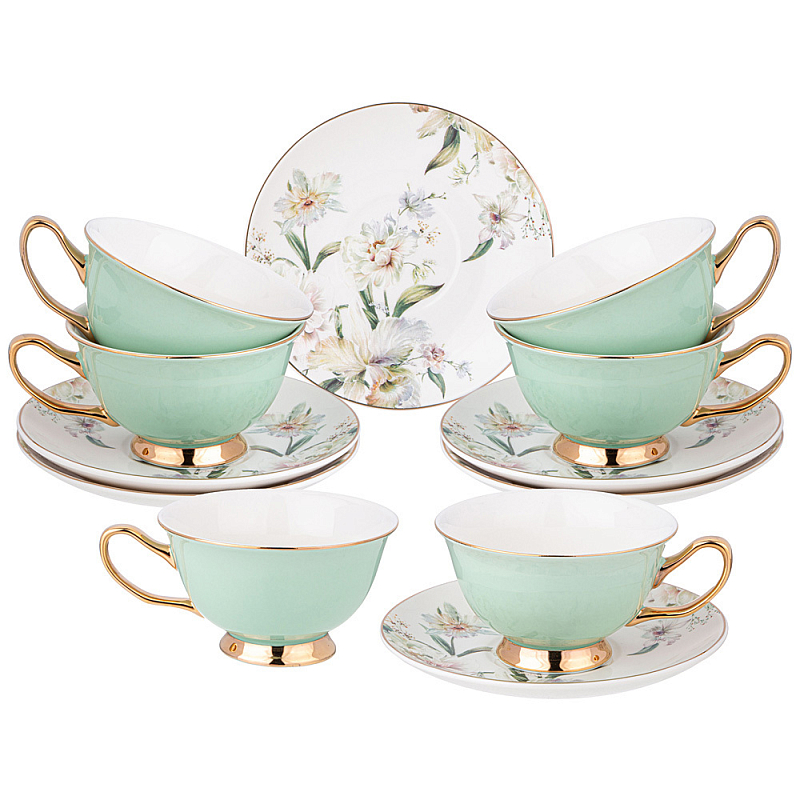 Чайный набор из фарфора на 6 персон Tea Porcelain Set Белый Золотой Зеленый в Новосибирске | Loft Concept 