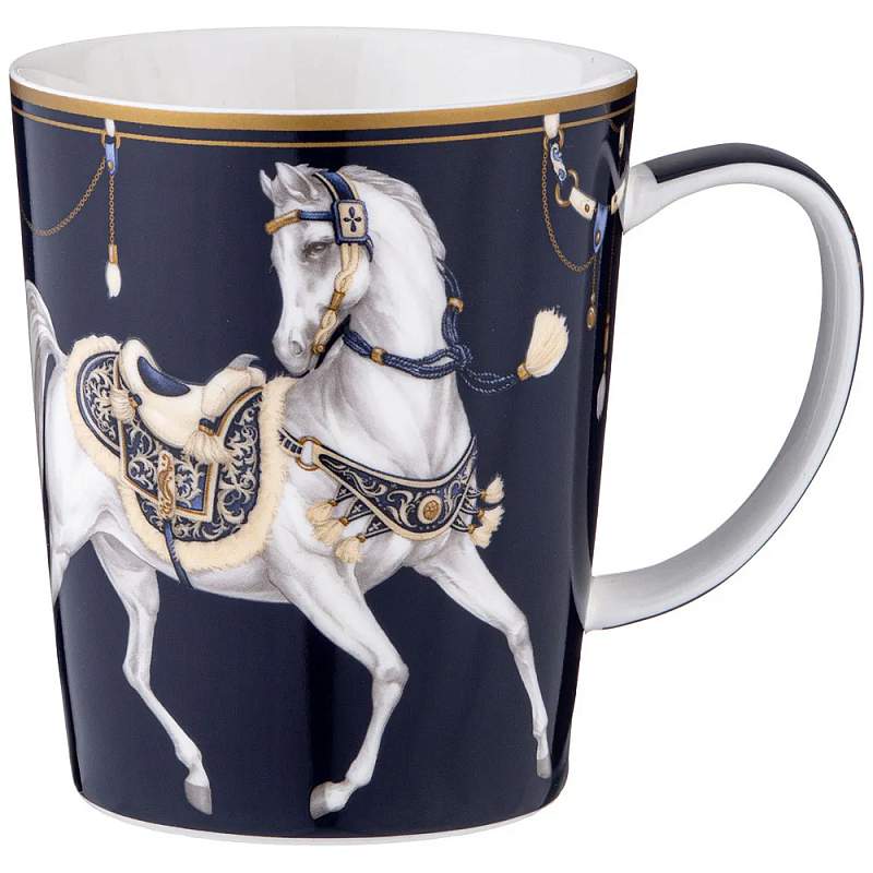 Кружка из фарфора синяя с изображением лошади 400 мл Porcelain Horse Set Белый Синий Золотой в Новосибирске | Loft Concept 