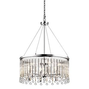 Люстра круглая цвета хром с вертикальными стеклянными трубками и круглыми подвесками Kichler