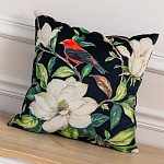 Декоративная подушка чёрная с изображением птицы в саду Blooming Red Birds варинант исполнения - 2 | Loft Concept в Новосибирске