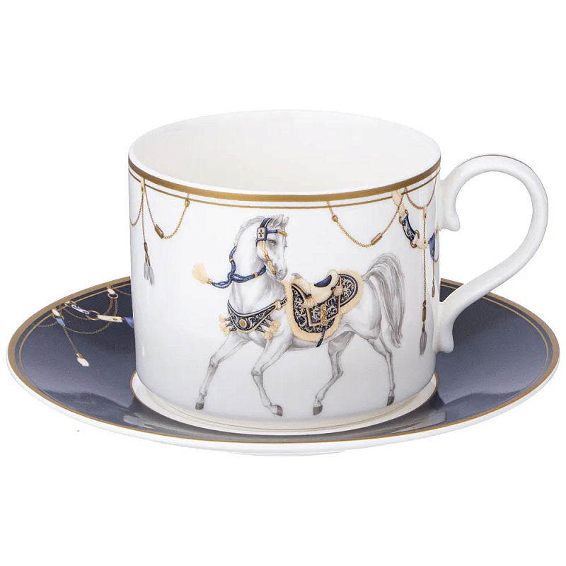 Чайная пара из фарфора с изображением лошади 300 мл Porcelain Horse Set 2 Белый Синий Золотой в Новосибирске | Loft Concept 